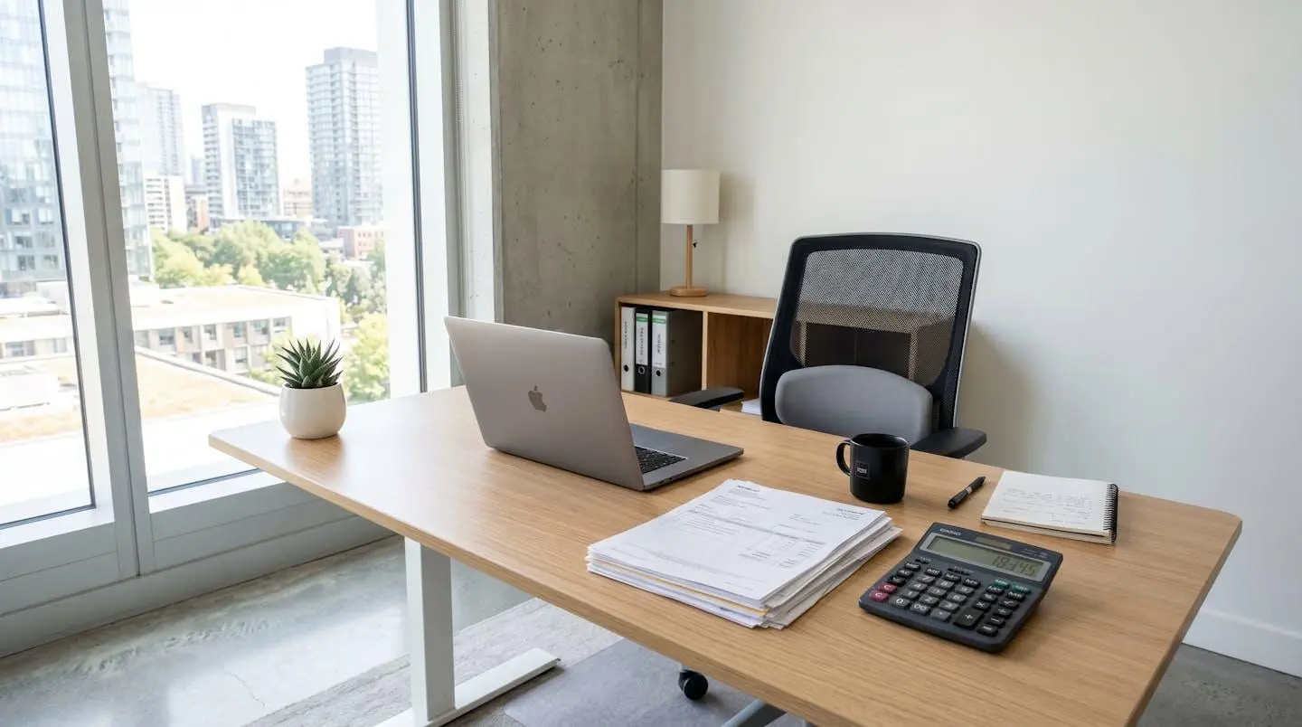 Vue grand angle d'un bureau moderne épuré avec des documents de facturation disposés à côté d'une calculatrice, baignés de lumière naturelle