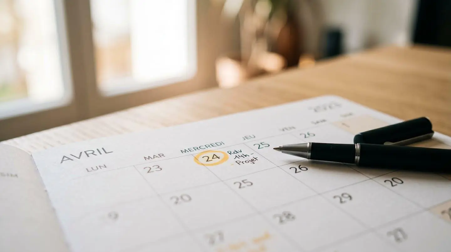 Gros plan sur un calendrier papier avec des dates surlignées et un stylo posé à côté