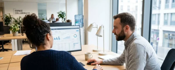 Deux professionnels vus de dos consultant ensemble un tableau de bord financier sur un écran d'ordinateur dans un bureau moderne lumineux