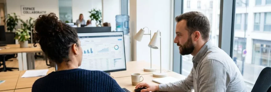 Deux professionnels vus de dos consultant ensemble un tableau de bord financier sur un écran d'ordinateur dans un bureau moderne lumineux