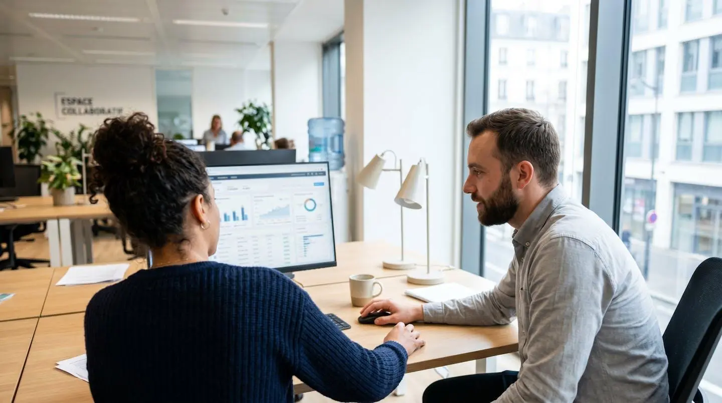 Deux professionnels vus de dos consultant ensemble un tableau de bord financier sur un écran d'ordinateur dans un bureau moderne lumineux