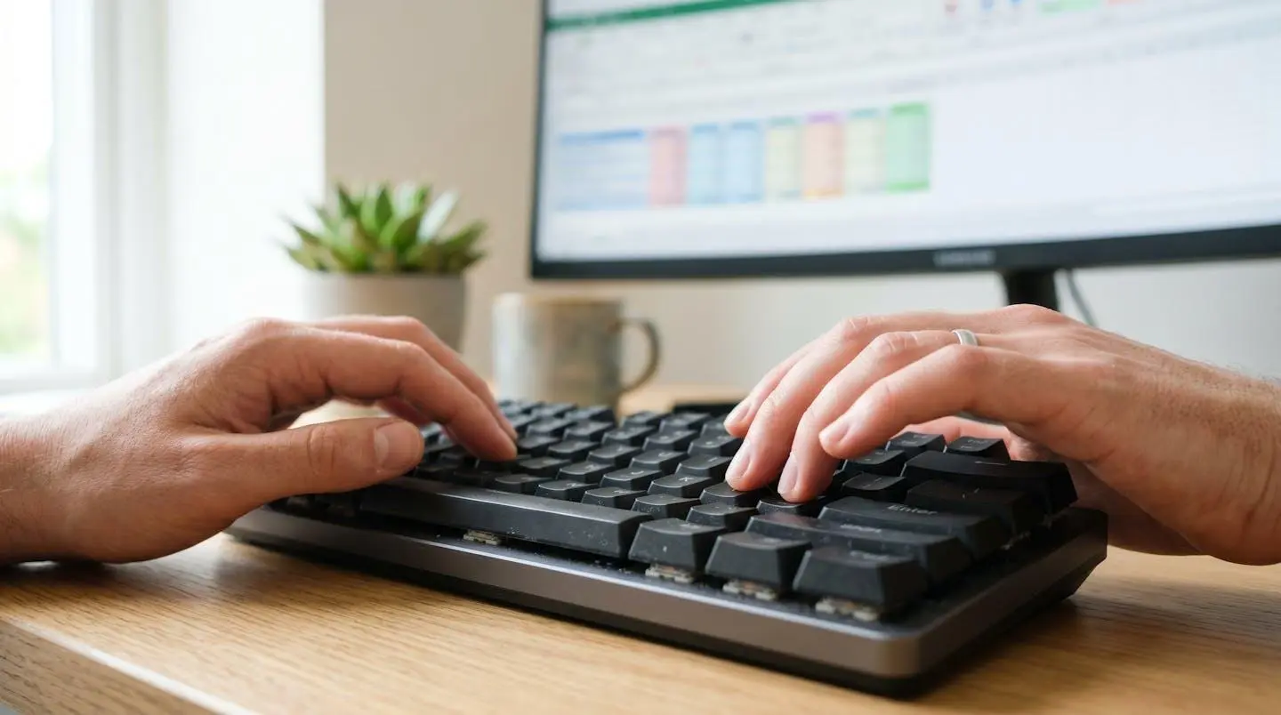 Mains tapant sur un clavier d'ordinateur avec un tableur de balance âgée visible mais flouté à l'arrière-plan