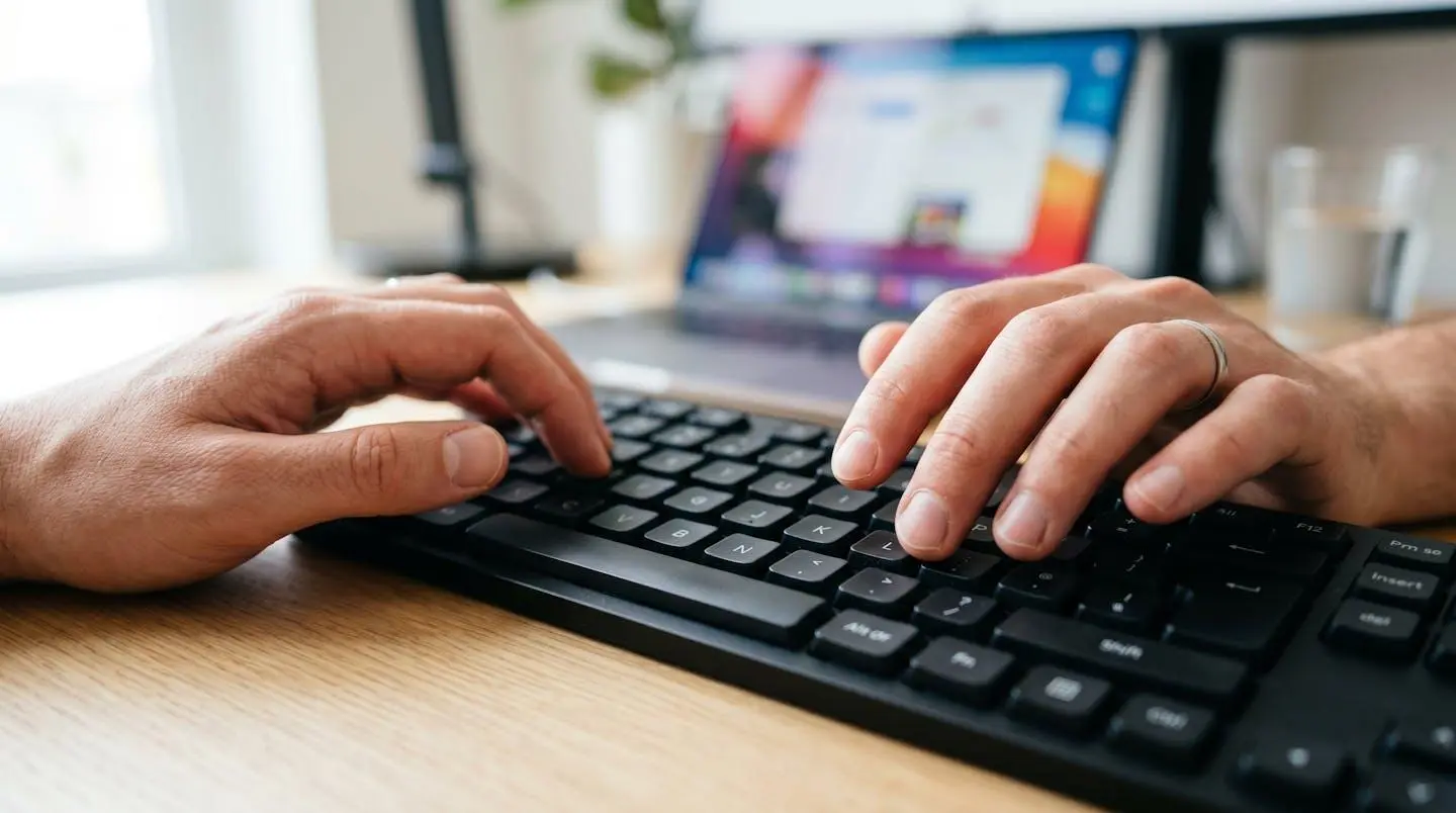 Gros plan sur des mains tapant sur un clavier d'ordinateur moderne avec un écran totalement flouté en arrière-plan