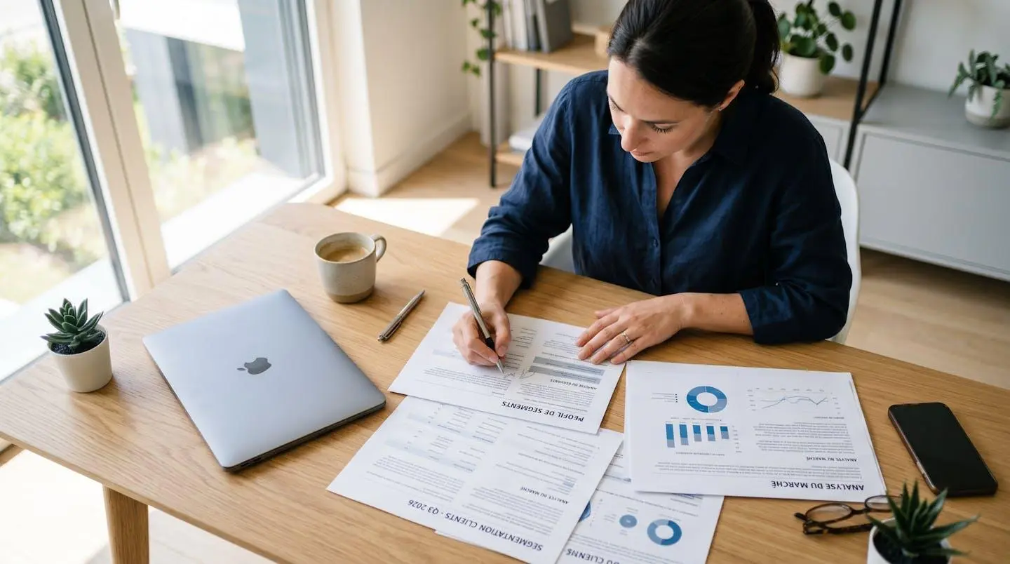 Vue en plongée d'un professionnel consultant des documents et tableaux de données disposés sur un bureau moderne dans un environnement lumineux