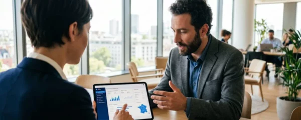 Une responsable financière montre un tableau de bord sur tablette à un collaborateur dans un bureau lumineux
