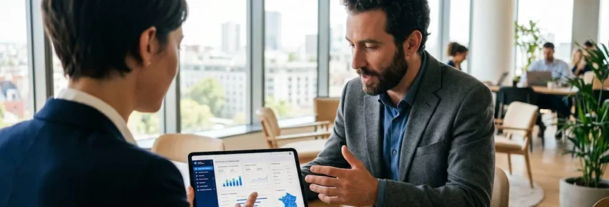 Une responsable financière montre un tableau de bord sur tablette à un collaborateur dans un bureau lumineux