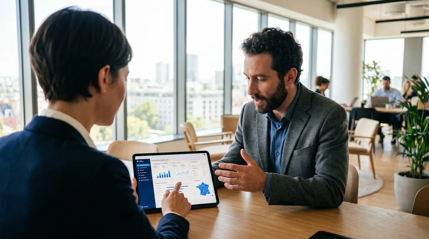 Une responsable financière montre un tableau de bord sur tablette à un collaborateur dans un bureau lumineux
