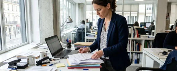 Un professionnel en tenue de chantier consulte attentivement des documents administratifs dans un bureau lumineux avec lumière naturelle