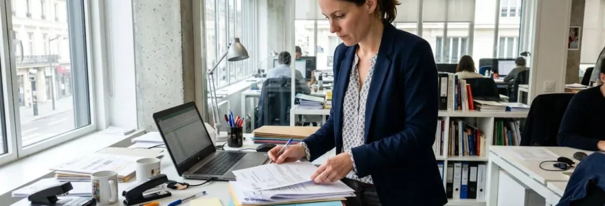 Un professionnel en tenue de chantier consulte attentivement des documents administratifs dans un bureau lumineux avec lumière naturelle