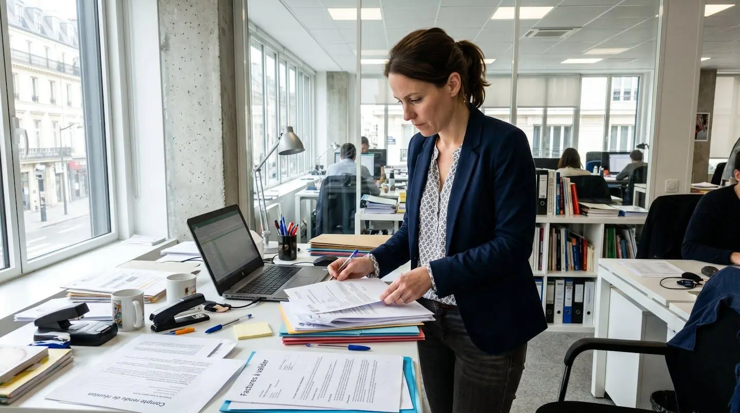 Un professionnel en tenue de chantier consulte attentivement des documents administratifs dans un bureau lumineux avec lumière naturelle