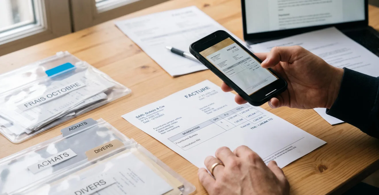 Smartphone photographiant une facture fictive à côté de dossiers comptables organisés sur un bureau.