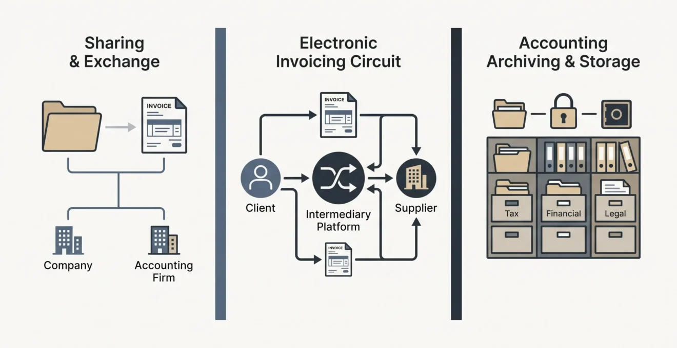 Schéma pédagogique distinguant trois fonctions : partage documentaire, facturation électronique et conservation des documents comptables.