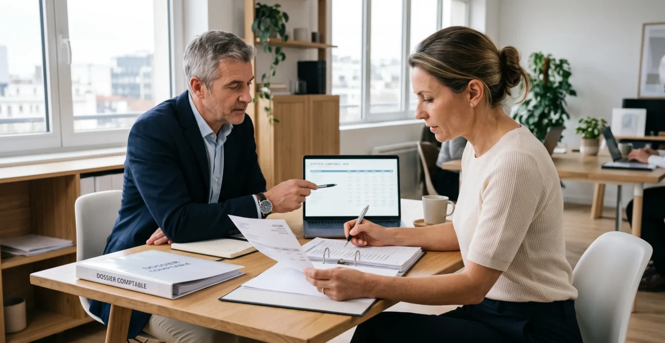 Dirigeante et expert-comptable examinent ensemble des justificatifs sur un ordinateur et des documents papier organisés.